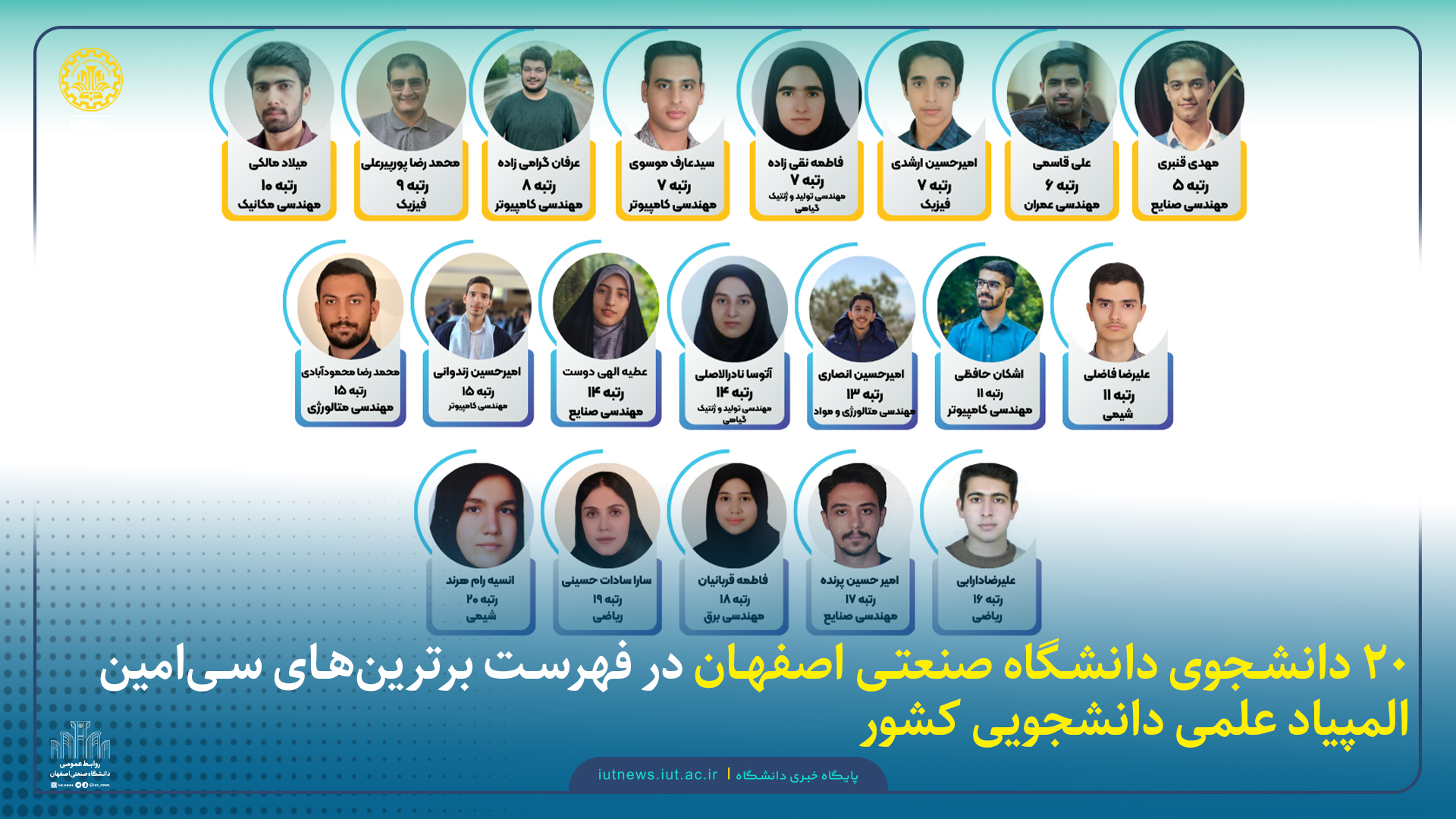 ۲۰ دانشجوی دانشگاه صنعتی اصفهان در فهرست برترینهای سیامین المپیاد علمی دانشجویی کشور
